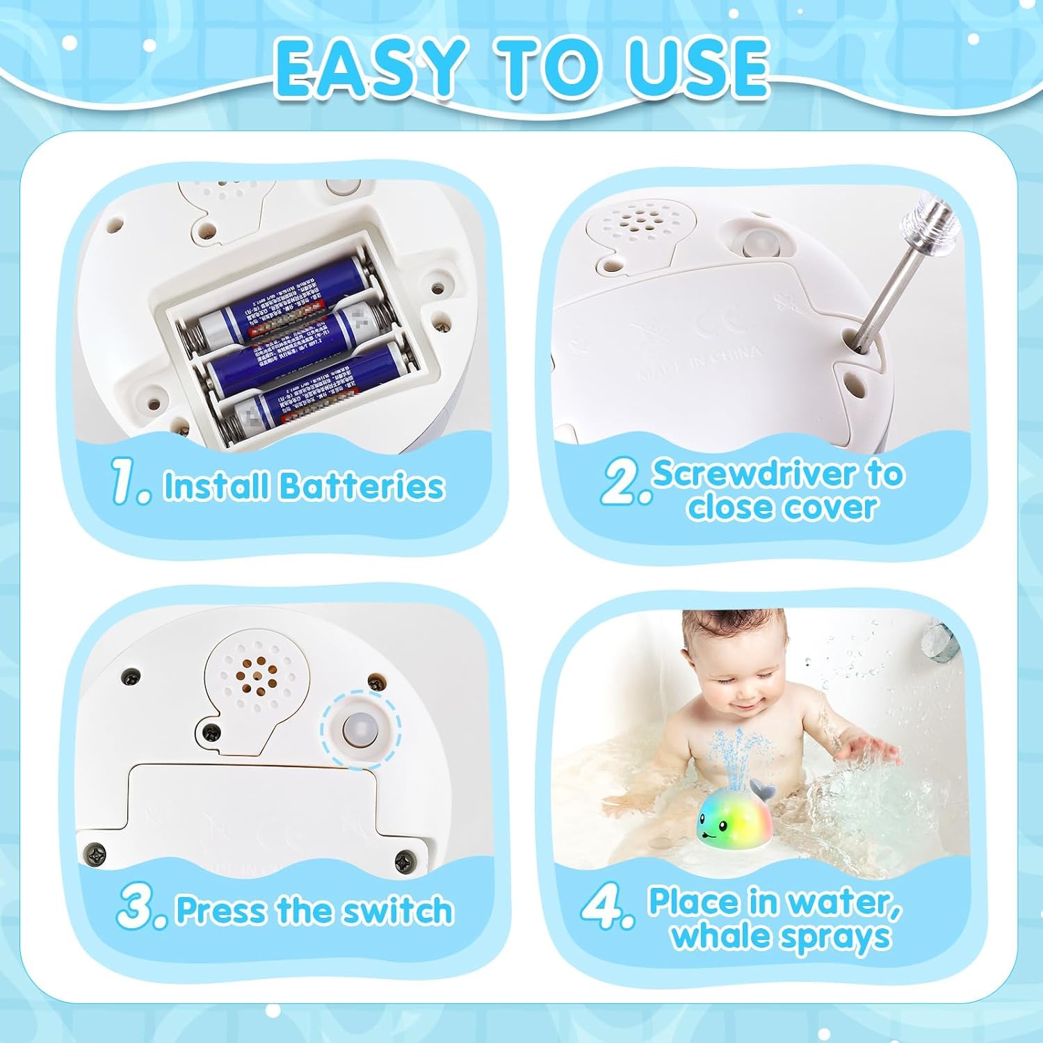 Gigilli Whale Bath Toy Sprinkler lights up to delight kids during tub time.