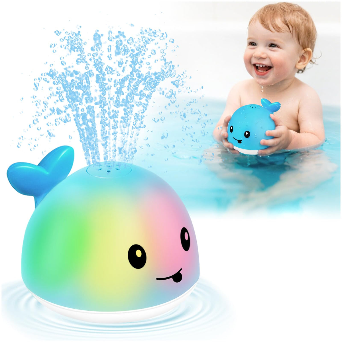 Gigilli Whale Bath Toy Sprinkler sprays water with a colorful light show for engaging bath play