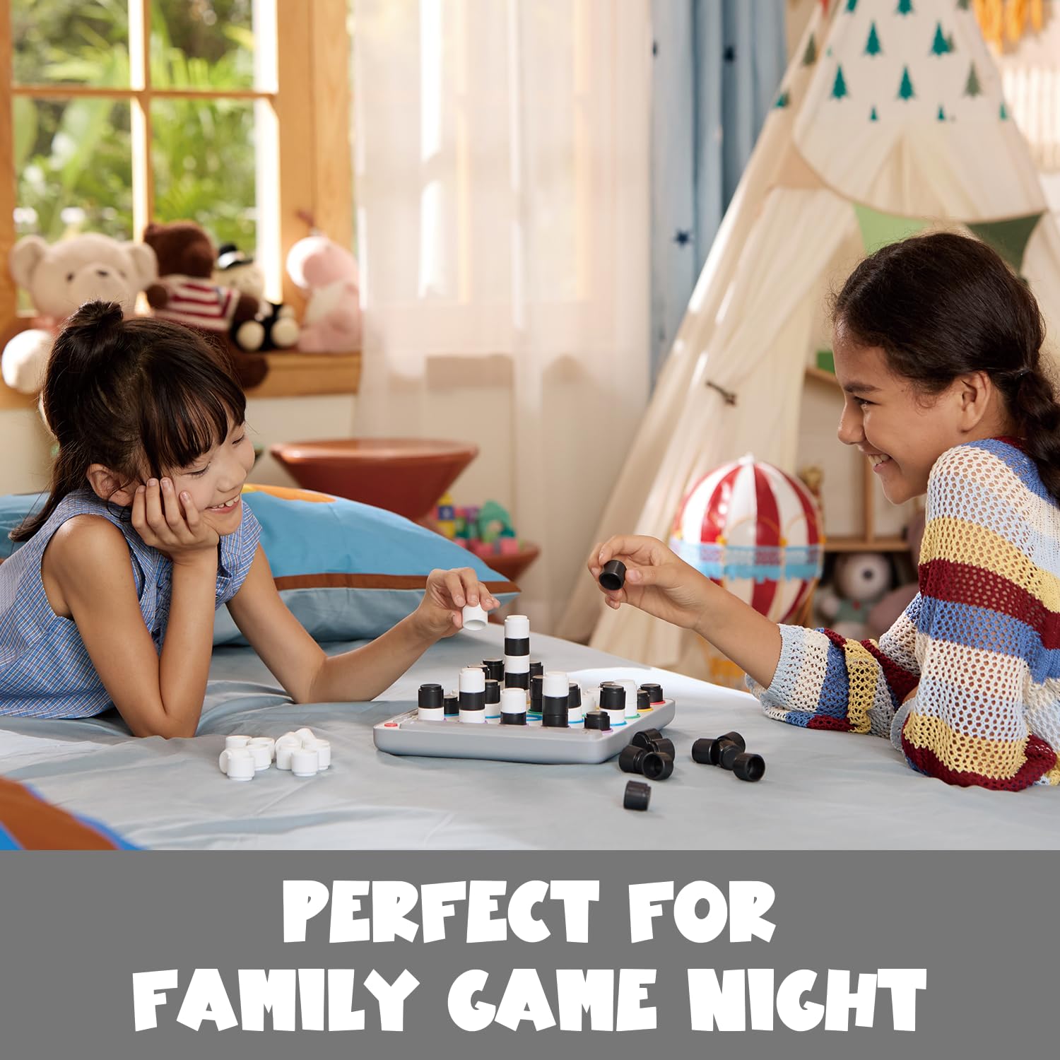 GiiKER Smart Four family game-night scene with kids and adults.