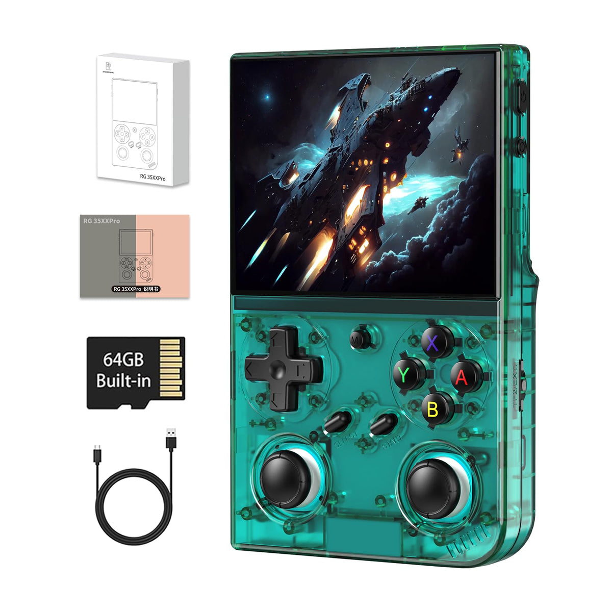 GiipGoop RG35XX Pro transparent teal shell front view for stylish portable retro gaming