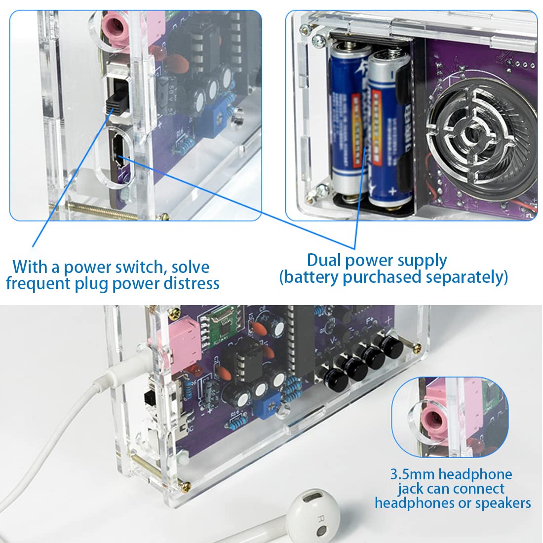Gikfun FM Radio Kit headphone jack for private listening while tuning