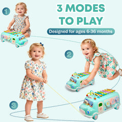 Gikimooy Bus Xylophone pull-string walker aids walking and balance during play.