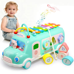 Gikimooy Baby Bus Xylophone with rainbow keys promotes early music and color recognition.