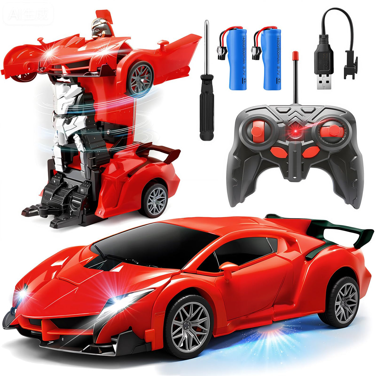 Gikimooy Transform RC car blue front view shows 2-in-1 car-robot mode for versatile play.