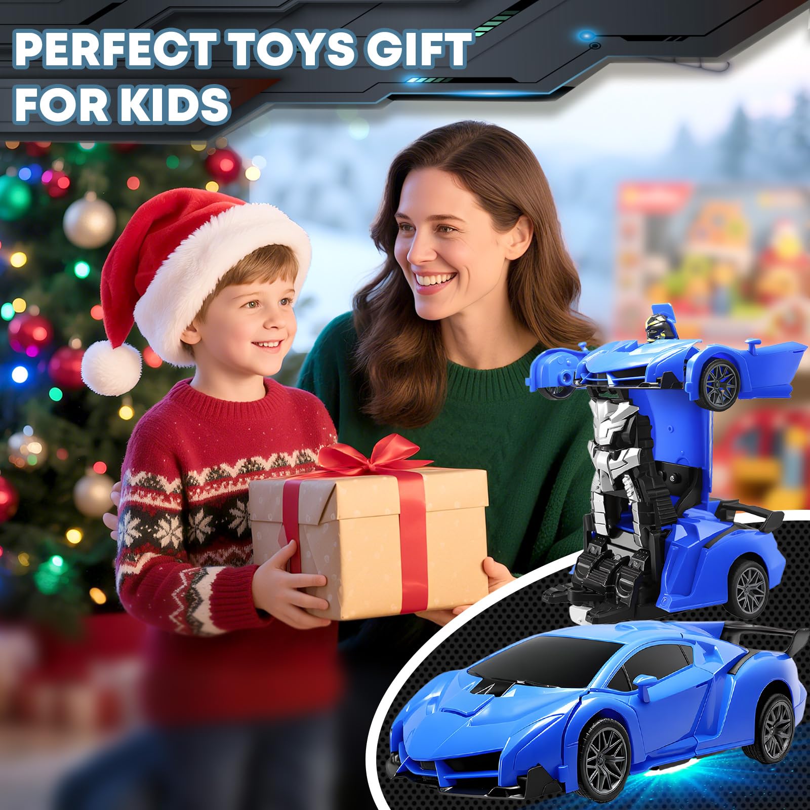 Gikimooy Transform RC car blue LED lights enhance nighttime action.