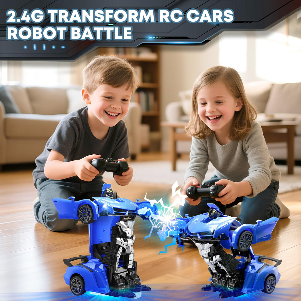 Gikimooy Transform RC car blue robot mode highlights imaginative play and mobility.