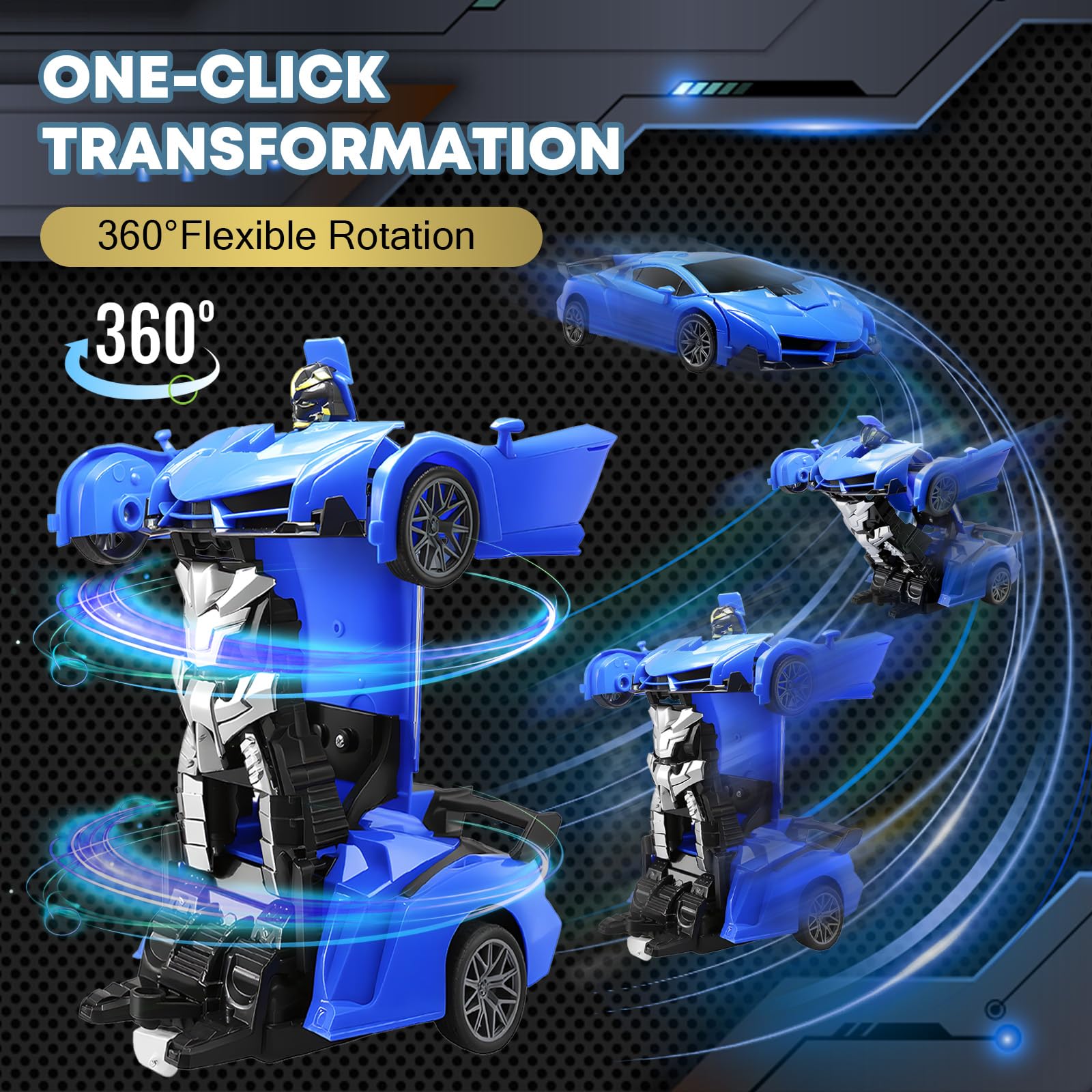 Gikimooy Transform RC car blue transformation action showcases the switch between car and robot forms.