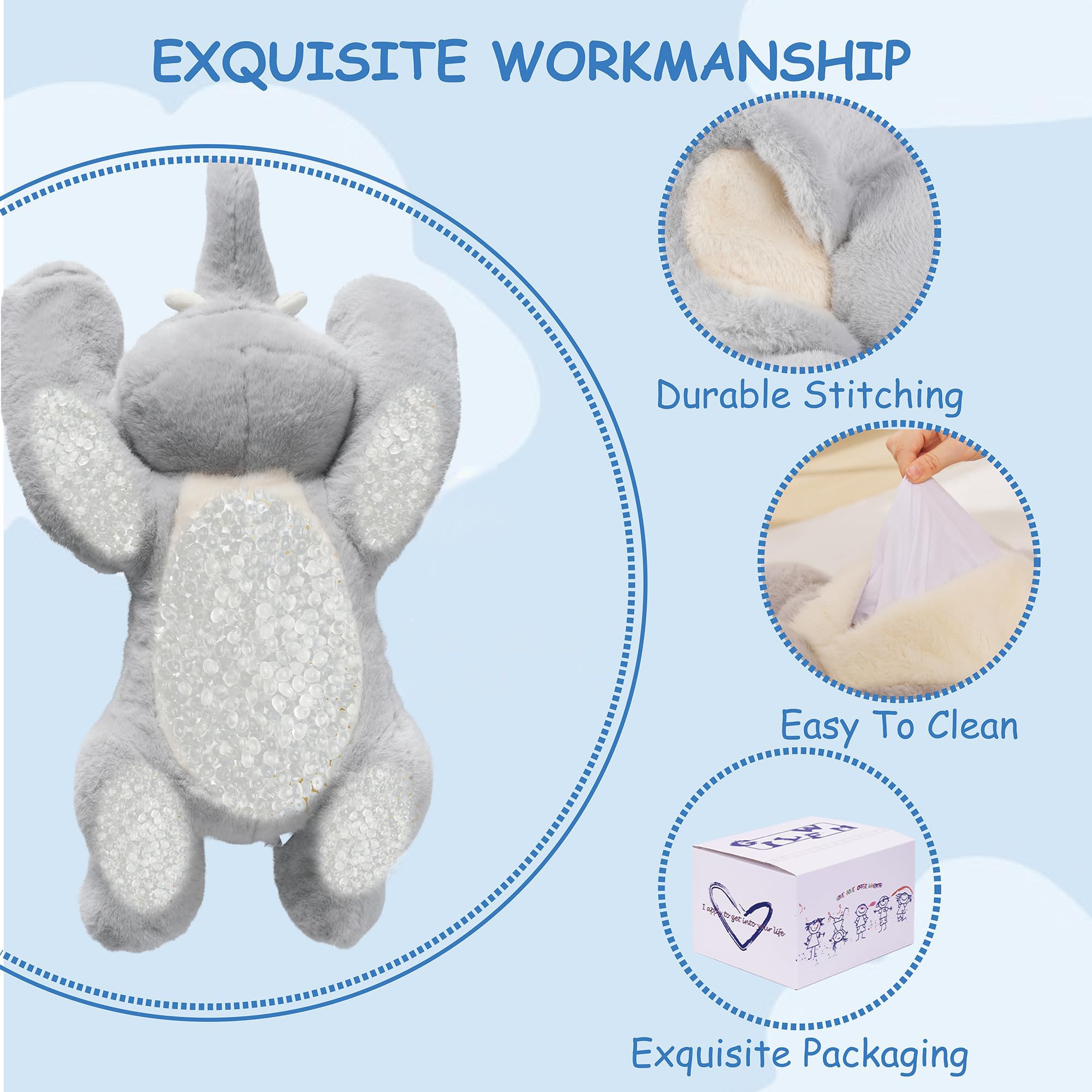GILFWM Elephant Plush side view emphasizes balanced weight for comforting hugs.