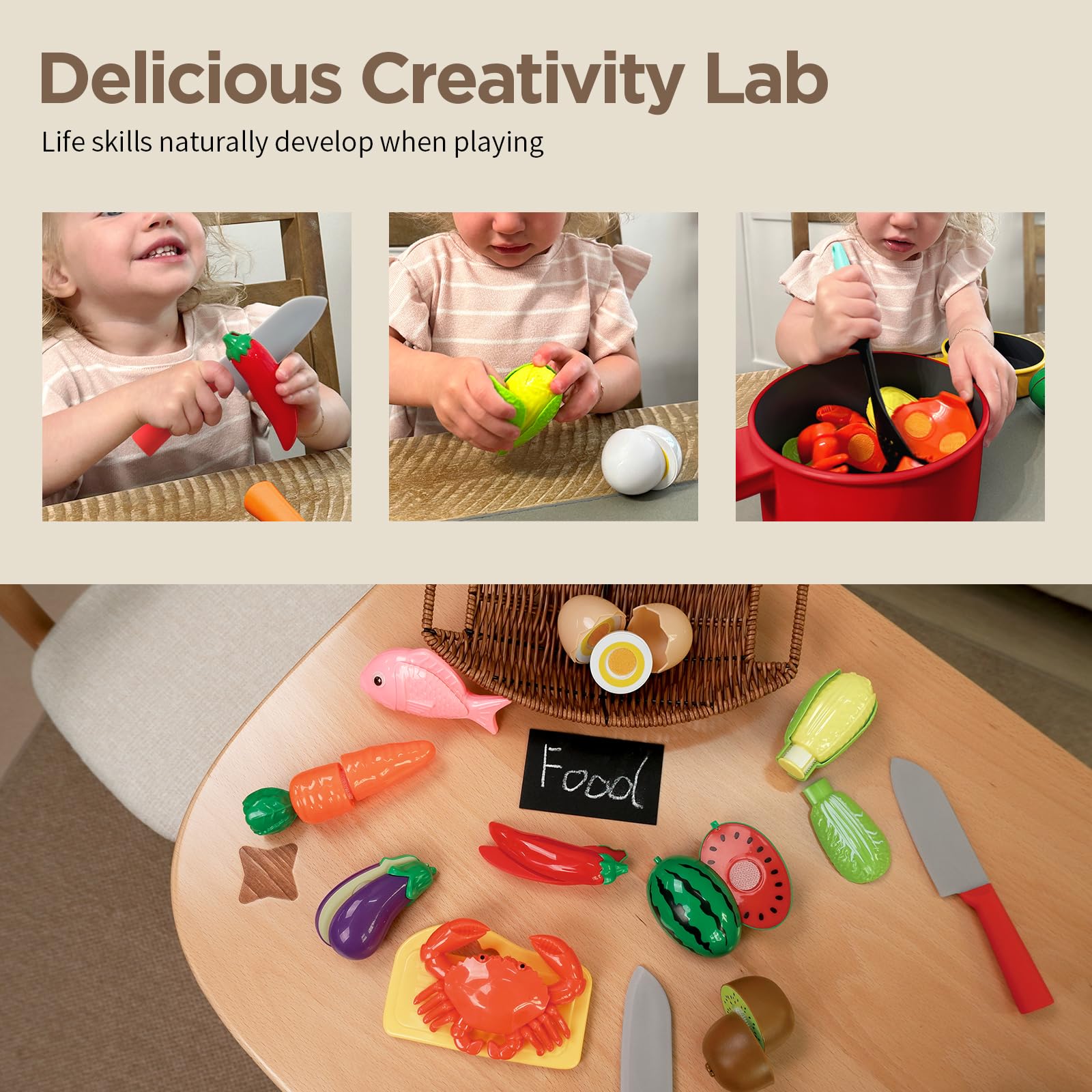 GILOBABY toy knife and cutting board enable safe pretend slicing.