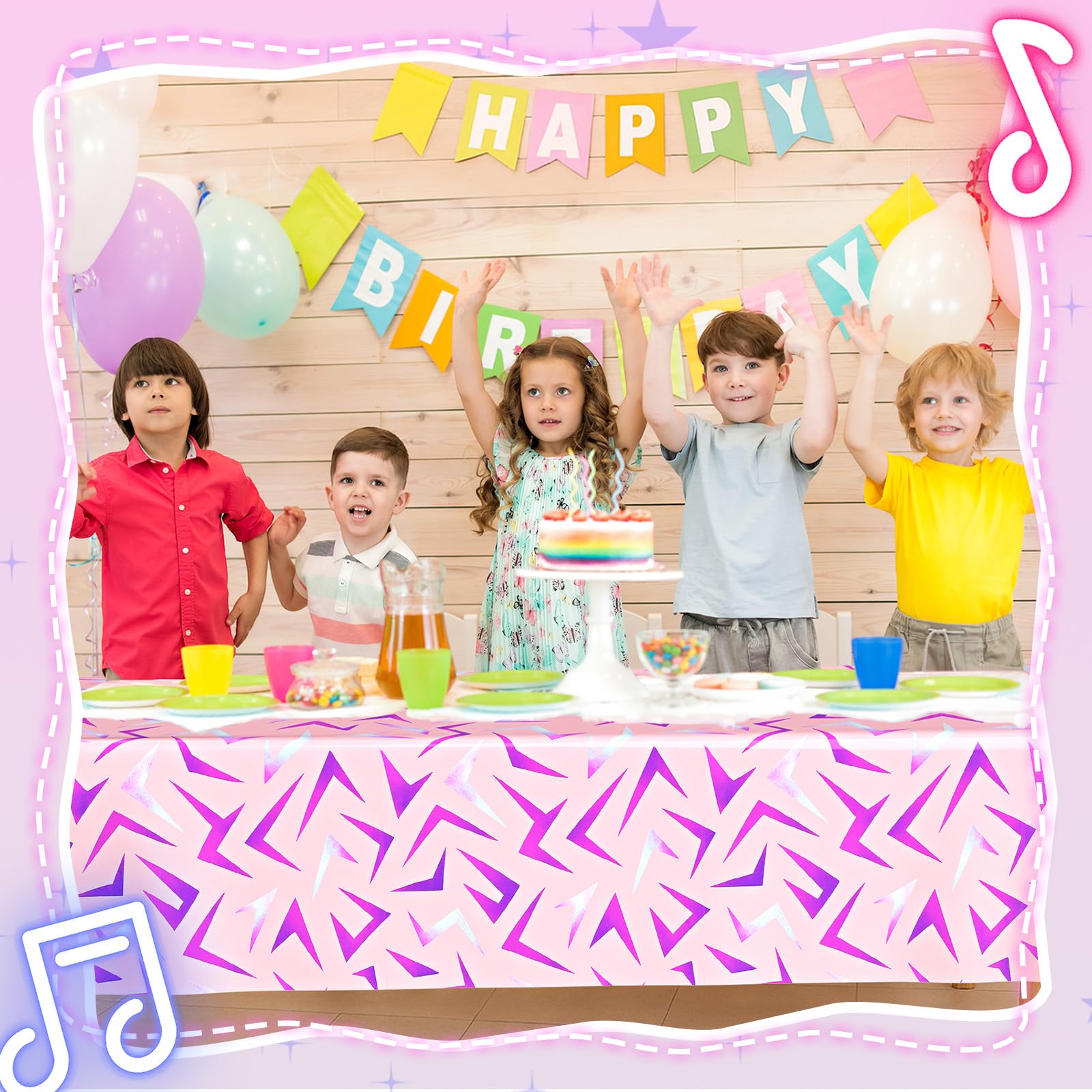 Gilprop pink-purple lightning tablecloth party scene illustrates festive appearance
