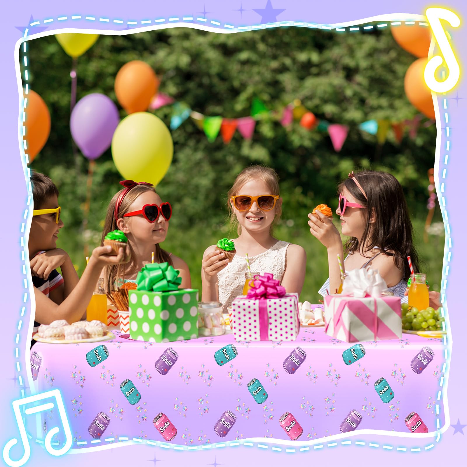 Gilprop soda-bottle print tablecloth adds playful color and ambiance
