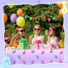 Gilprop soda-bottle print tablecloth adds playful color and ambiance