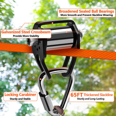 GIMPYN slackline setup between two trees demonstrates quick installation.