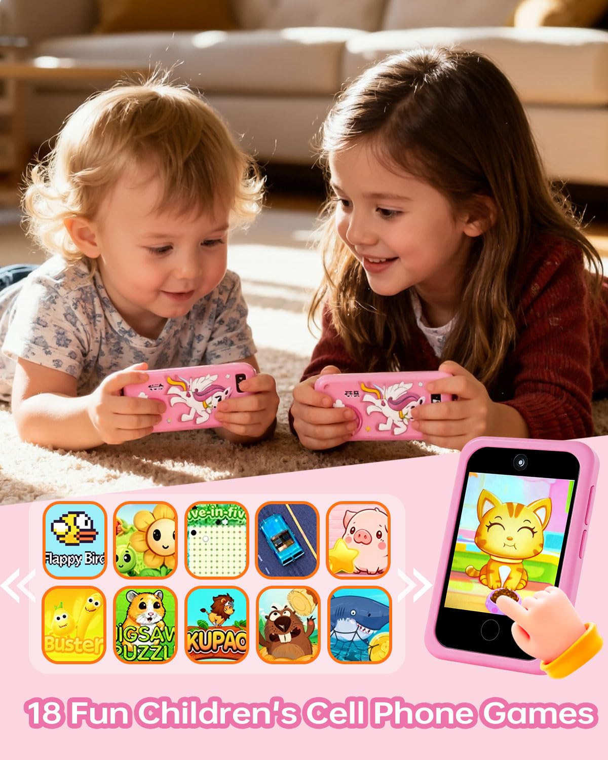 Gimubaba kids phone back view highlighting durable silicone protection