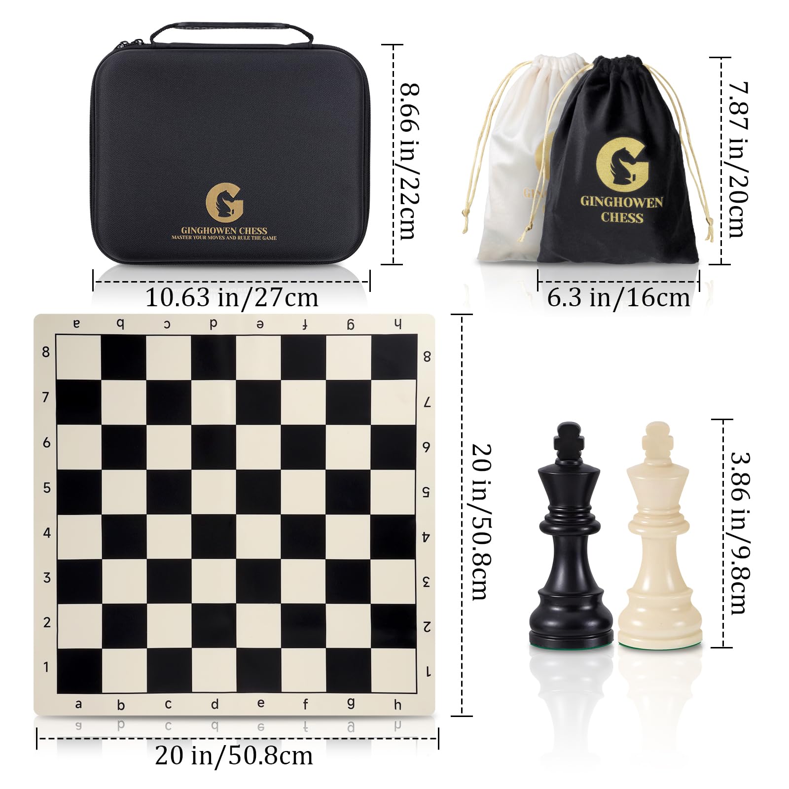 GINGHOWEN weighted chess pieces provide stable placement and tactile heft.