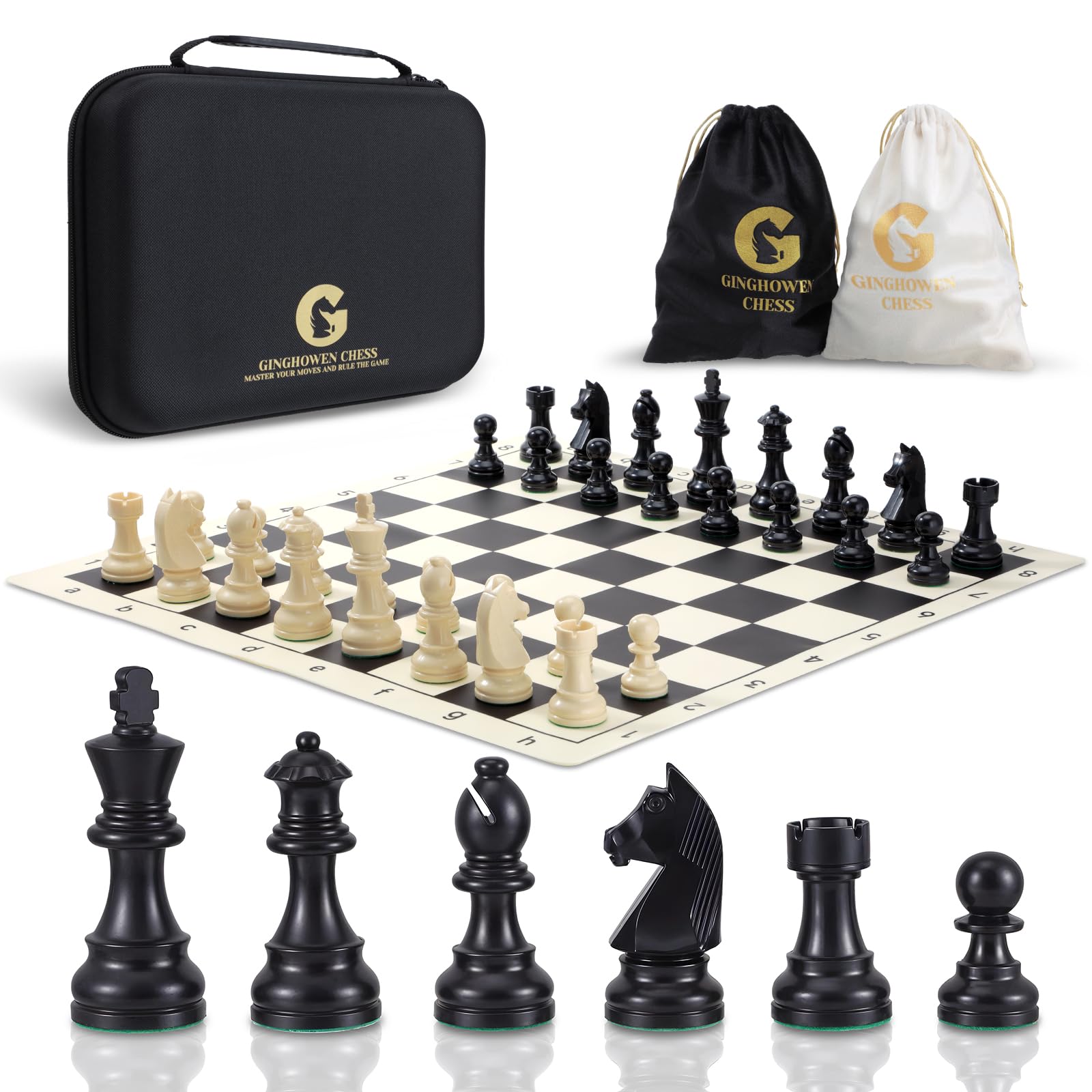 GINGHOWEN chess set foldable board travel-ready, stays flat after folding.