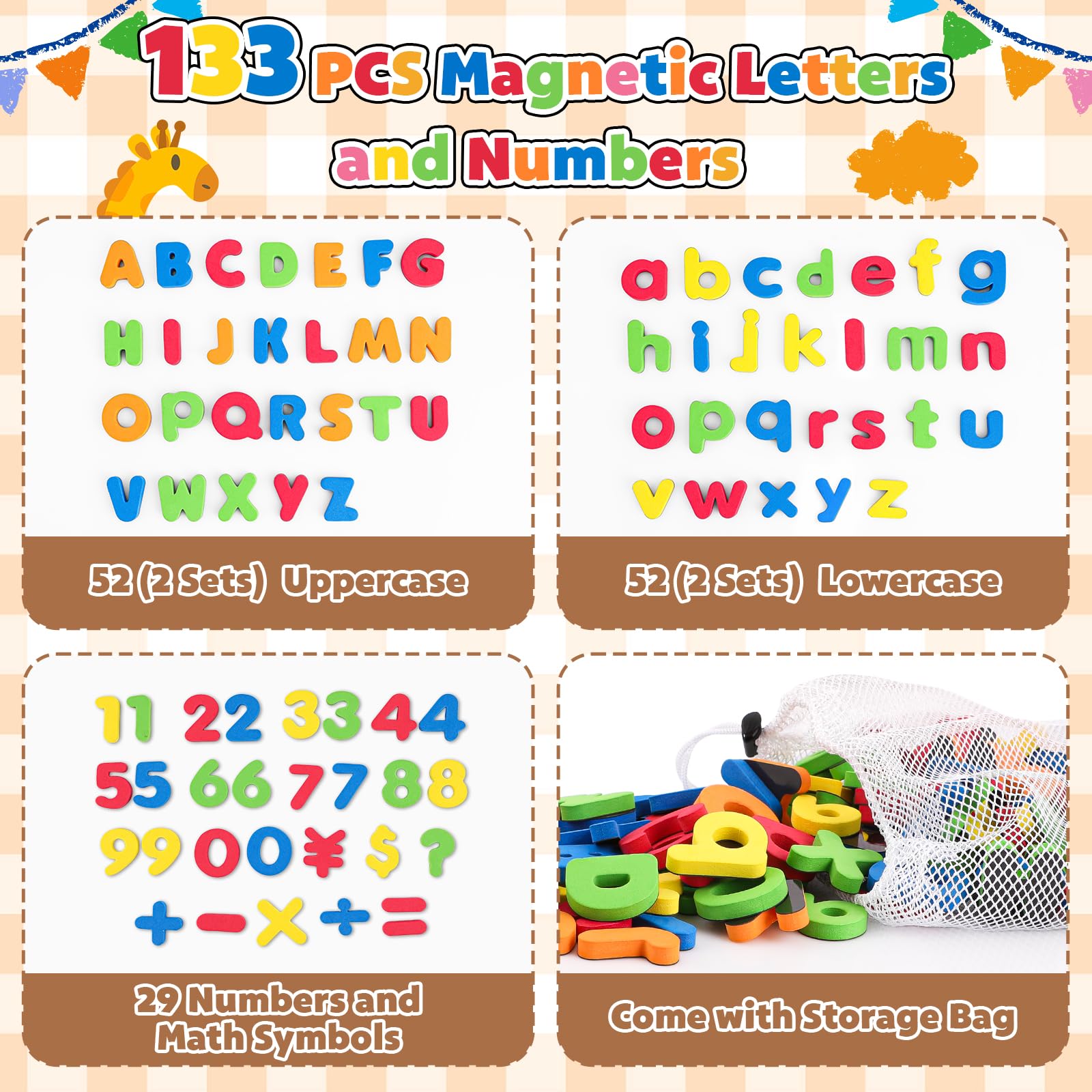 Ginmic alphabet magnets in bright colors for engaging learning at home or in class.