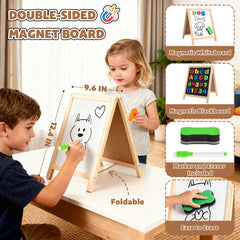 Ginmic double-sided magnetic board for writing on chalk and whiteboard surfaces.