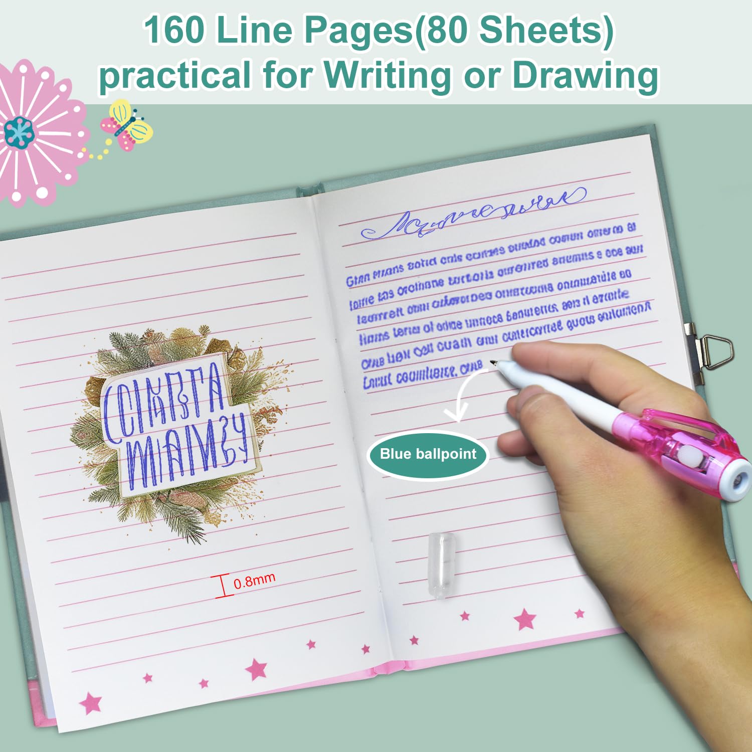 GINMLYDA diary open to lined pages for writing and doodling