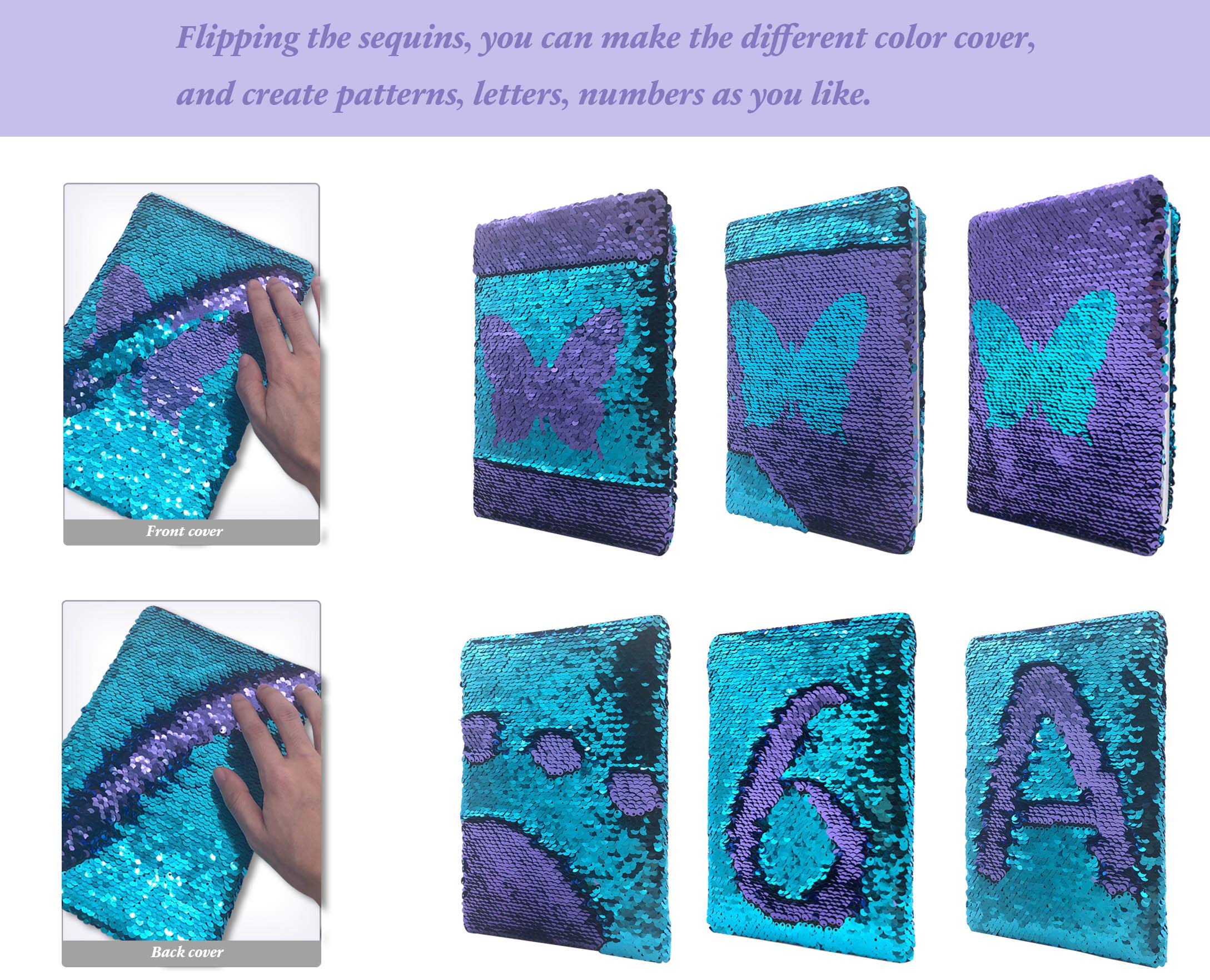 GINMLYDA Sequin Diary butterfly pattern flip, inspiring playful color changes for storytelling.