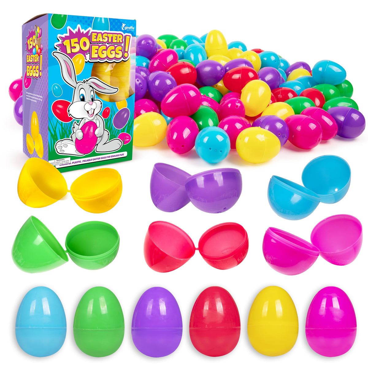 Giraffe Manufacturing 150-pack hinged Easter eggs for colorful egg hunts