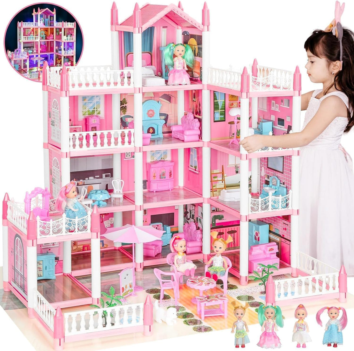 GirlDiary Doll House 4-story exterior view showing multiple rooms for imaginative play.