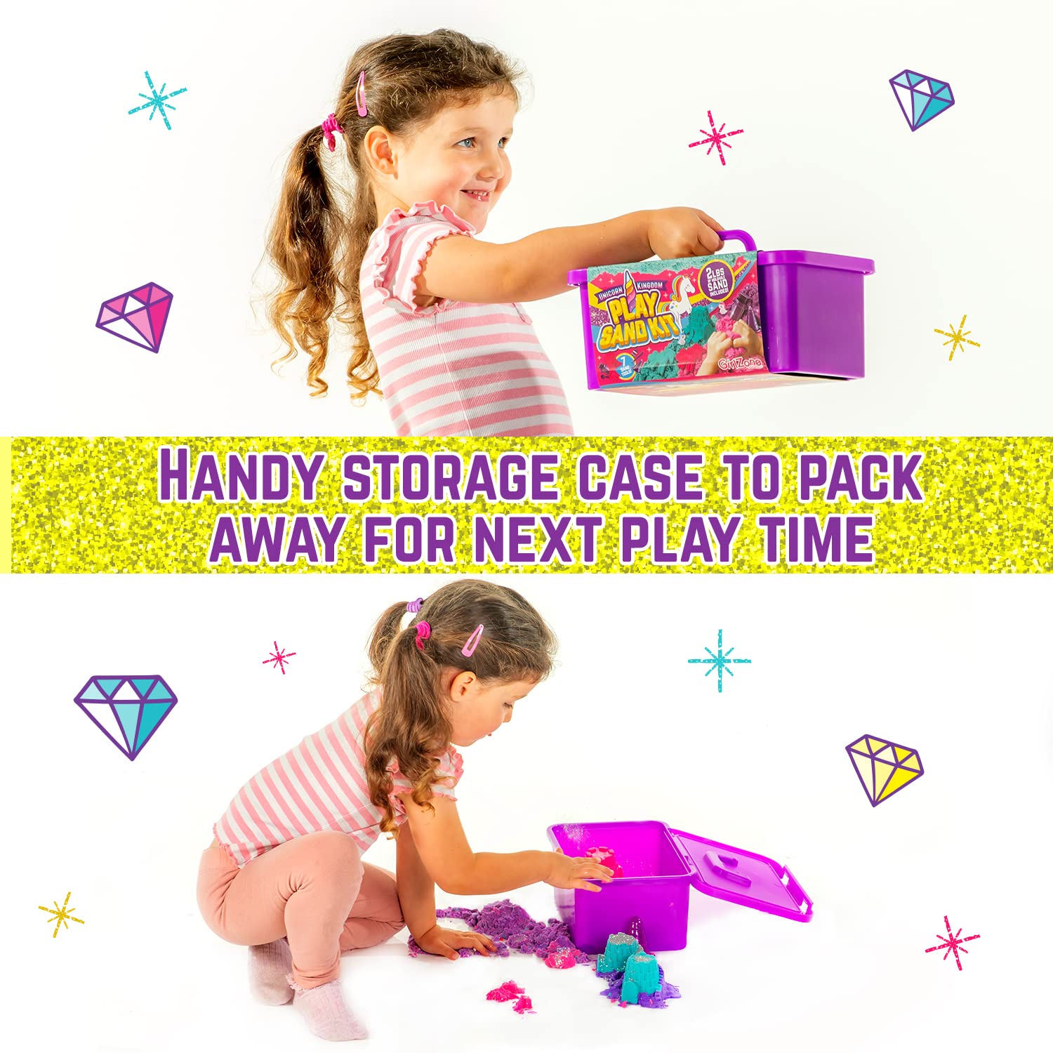 GirlZone imaginative play prompts with rainbow sand scenes