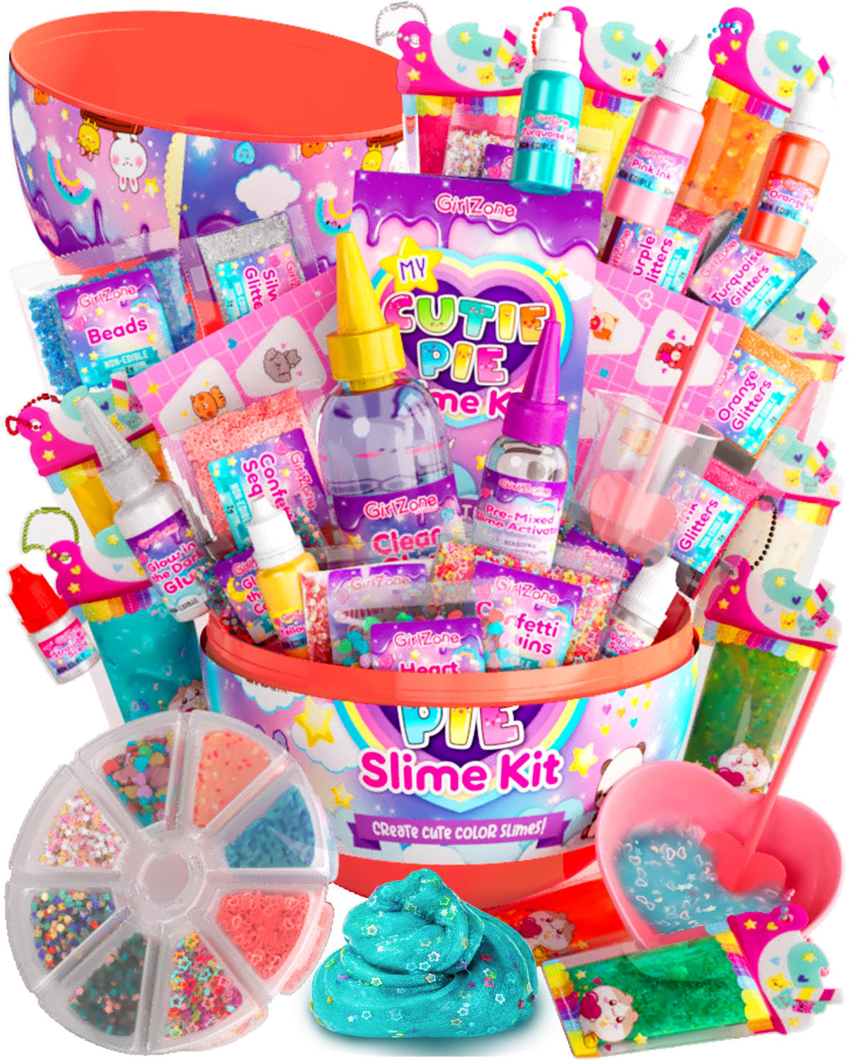 GirlZone My Cutie Pie Slime Kit packaging showing portable, mess-free setup for on-the-go fun