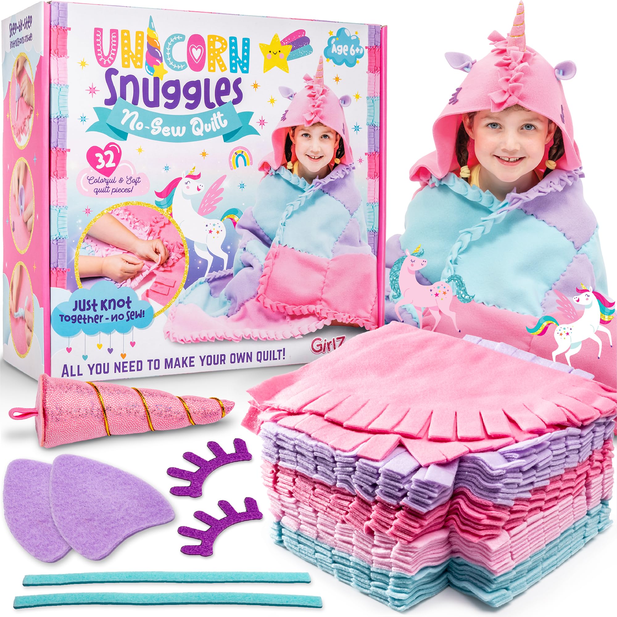 GirlZone Unicorn Snuggles kit package view showing an all-in-one fleece crafting project