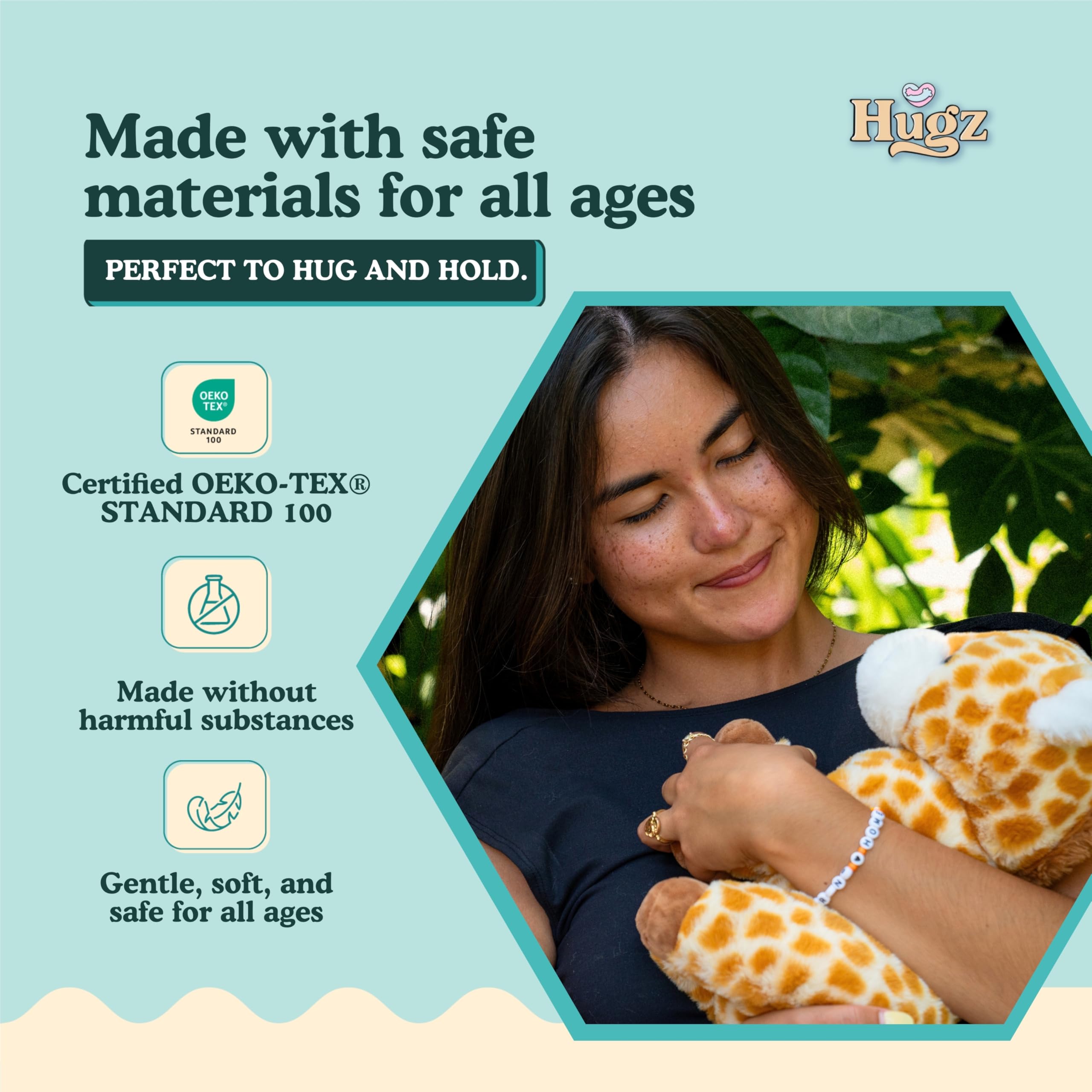 Hugz Moose the Giraffe microwavable warming use demonstrates comforting heat option.