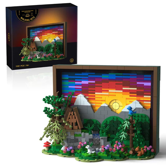 Givenni Ideas Sunset wooden house display, ideal wall decor for art lovers.