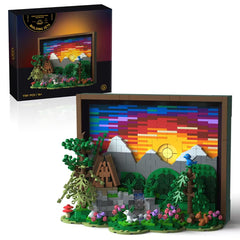 Givenni Ideas Sunset wooden house display, ideal wall decor for art lovers.