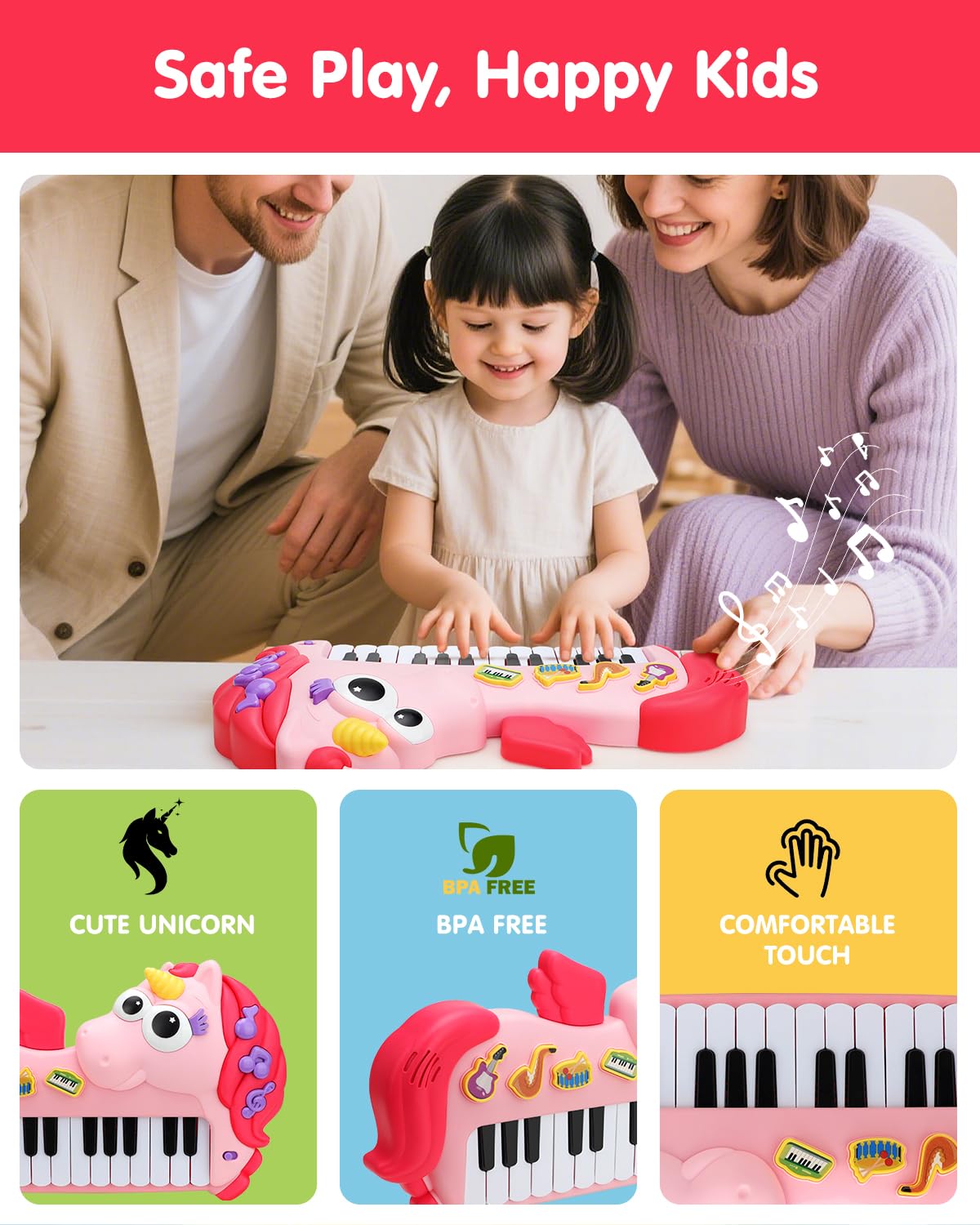 Givzan Unicorn Toddler Piano safe design with rounded edges for tiny hands