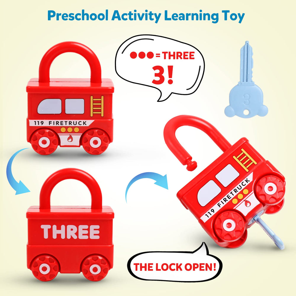 GKDOMS child holding a key to unlock a toy, early skills.