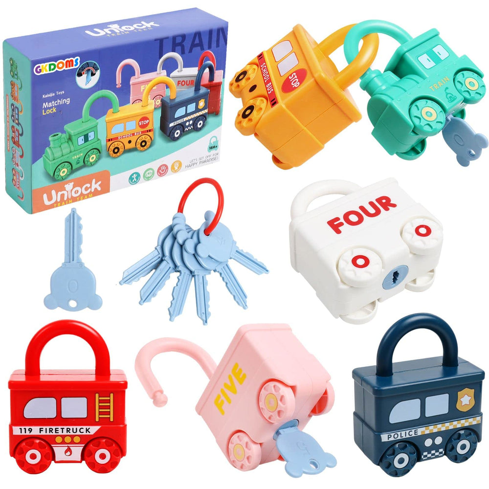 GKDOMS Montessori locks and keys set packaging showcasing six vehicles for curious minds, safe materials.