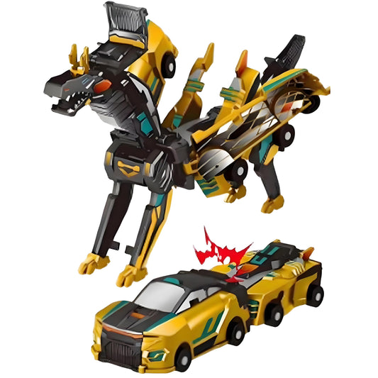 Gkiozu transforming dinosaur car demonstrates magnetic collision turning into dragon, for imaginative play