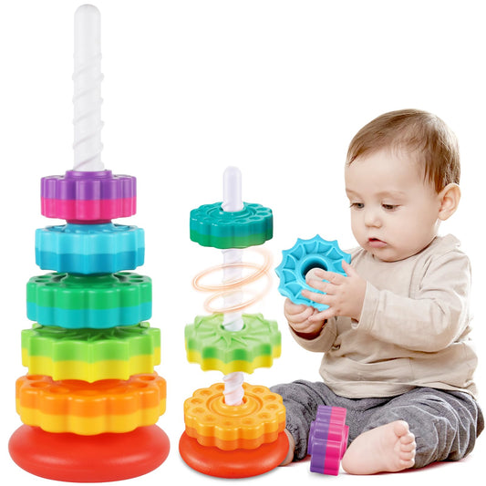 GKKBSJ Rainbow Tower assembly view showing spinners for curious toddlers' fine motor skills.