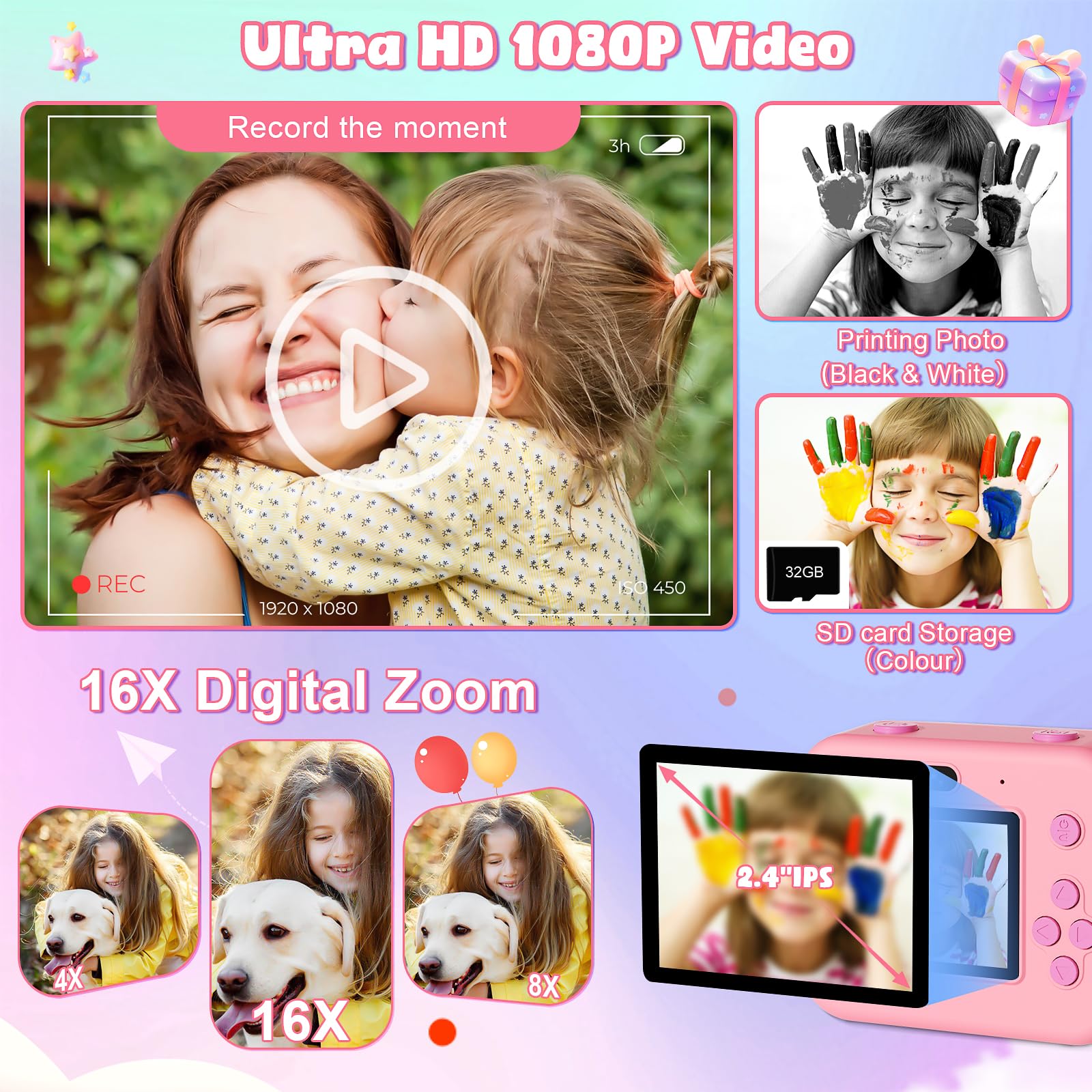GKTZ Kids Camera 1080p video display for clear memories