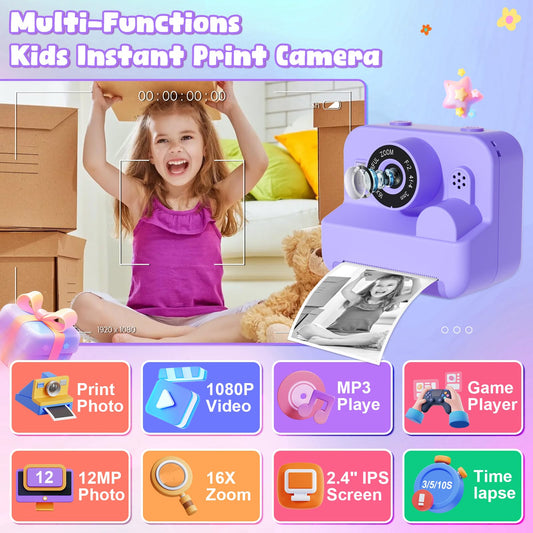 GKTZ Kids Camera Instant Print back view showing controls and port.