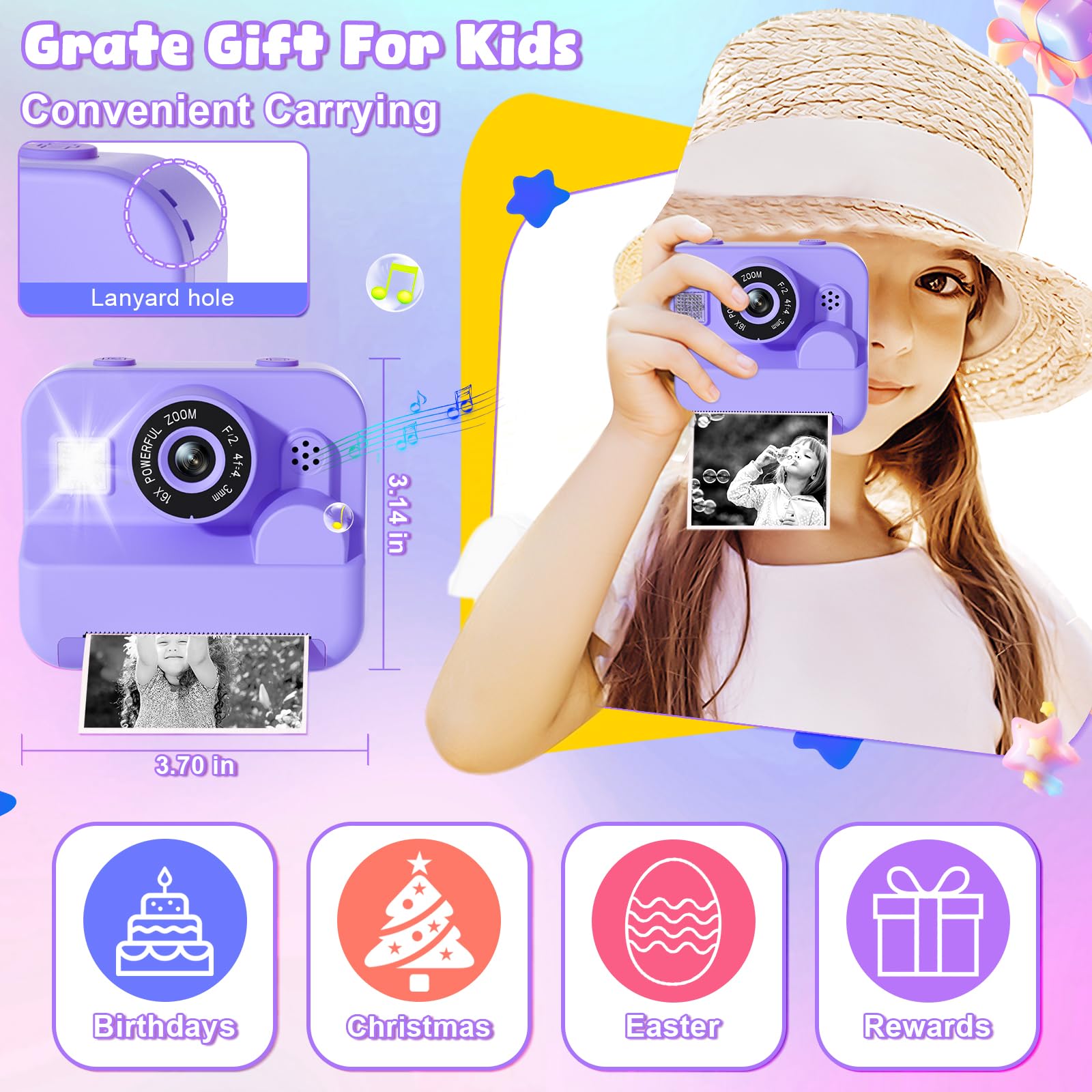 GKTZ Kids Camera Instant Print purple design with lanyard and SD card.