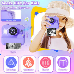 GKTZ Kids Camera Instant Print purple design with lanyard and SD card.