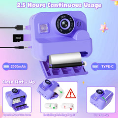 GKTZ Kids Camera Instant Print compact purple body ideal for travel.