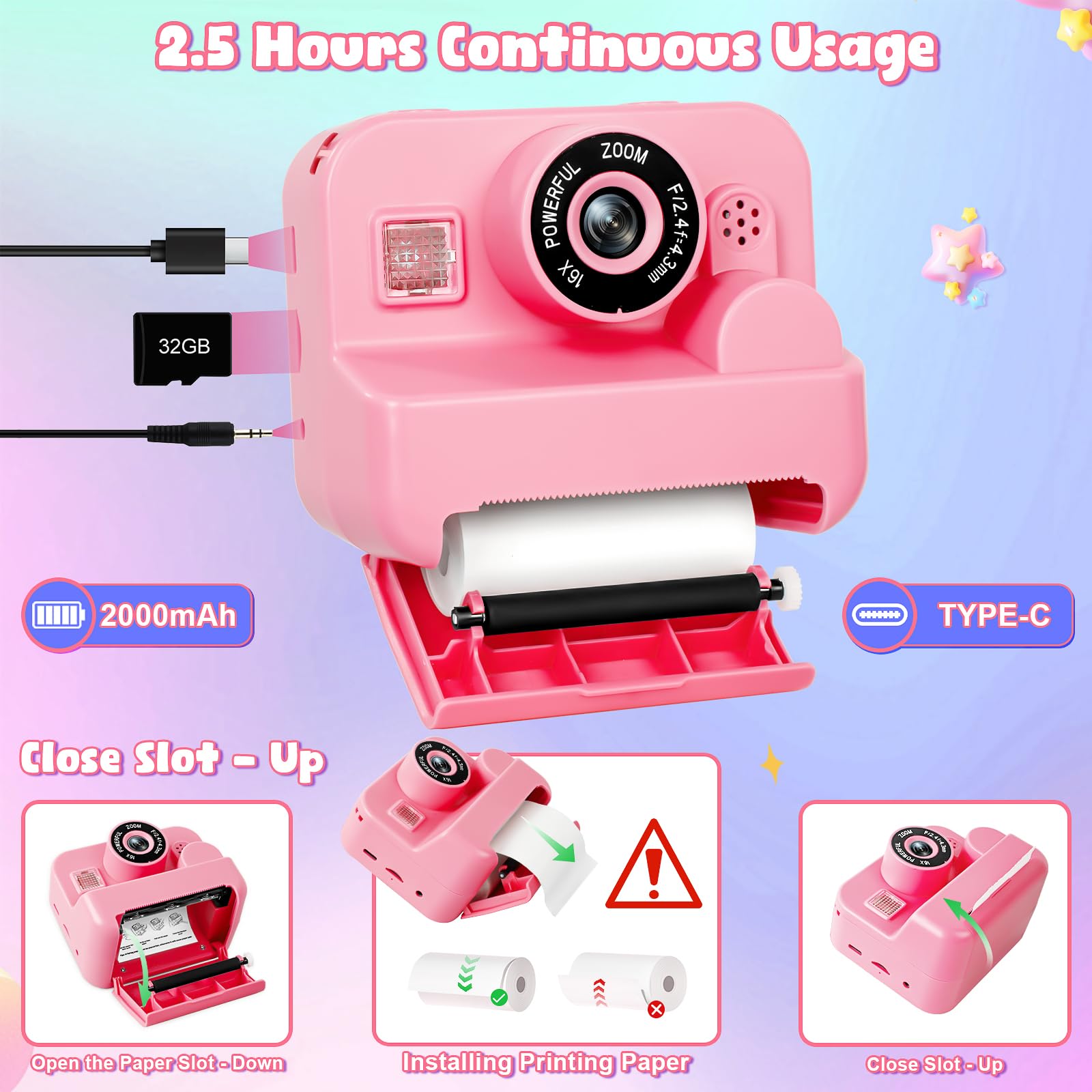 GKTZ Kids Camera kit contents including cable and memory card