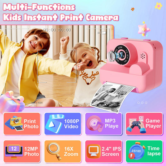 GKTZ Kids Camera side view highlighting portable inkless printing feature