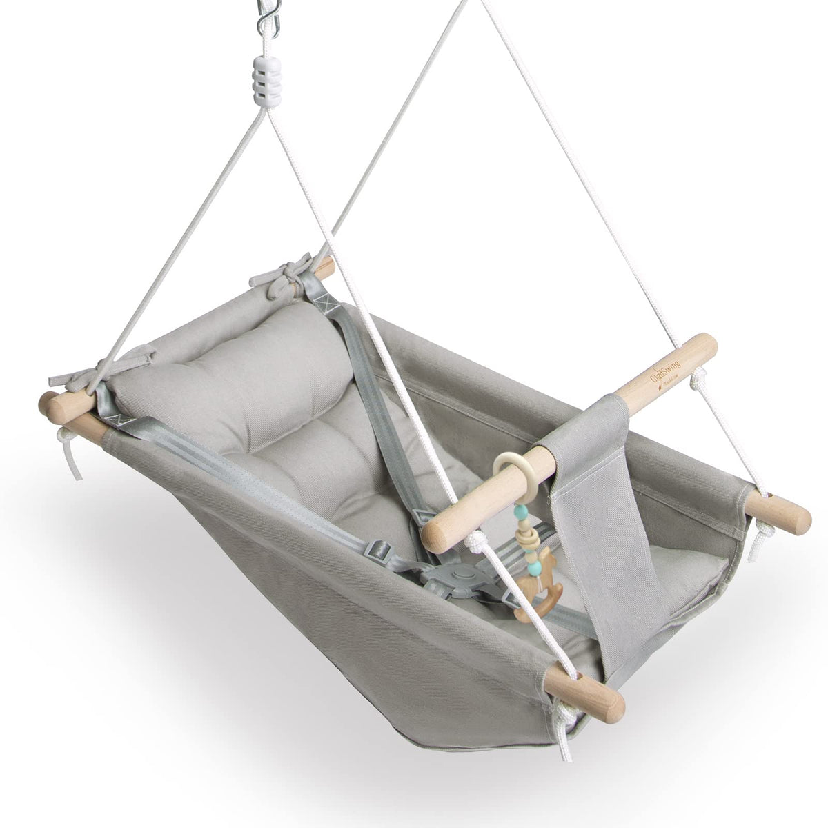 Gladswing baby swing assembly in grey canvas for indoor or outdoor use.