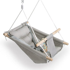 Gladswing baby swing assembly in grey canvas for indoor or outdoor use.