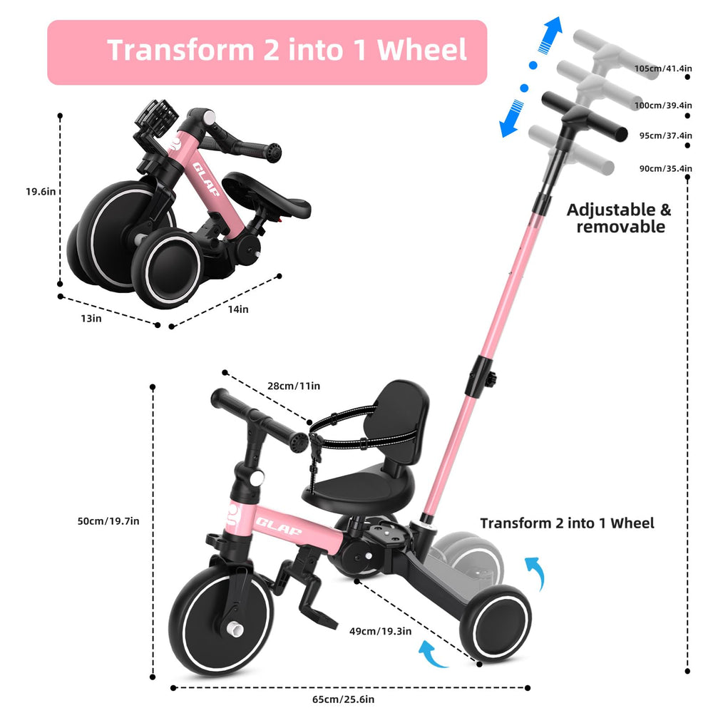 Glaf Tricycle removable pedals with two positions for easy setup.