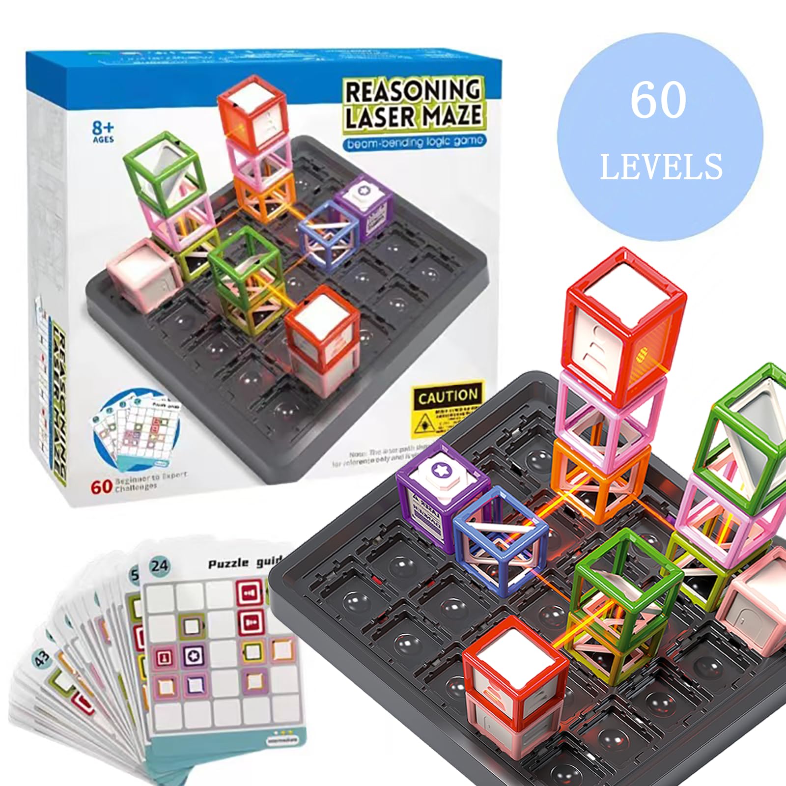 GLASSMARC Laser Maze Game challenge cards depict 60+ levels of escalating difficulty encouraging problem-solving and persistence in practice