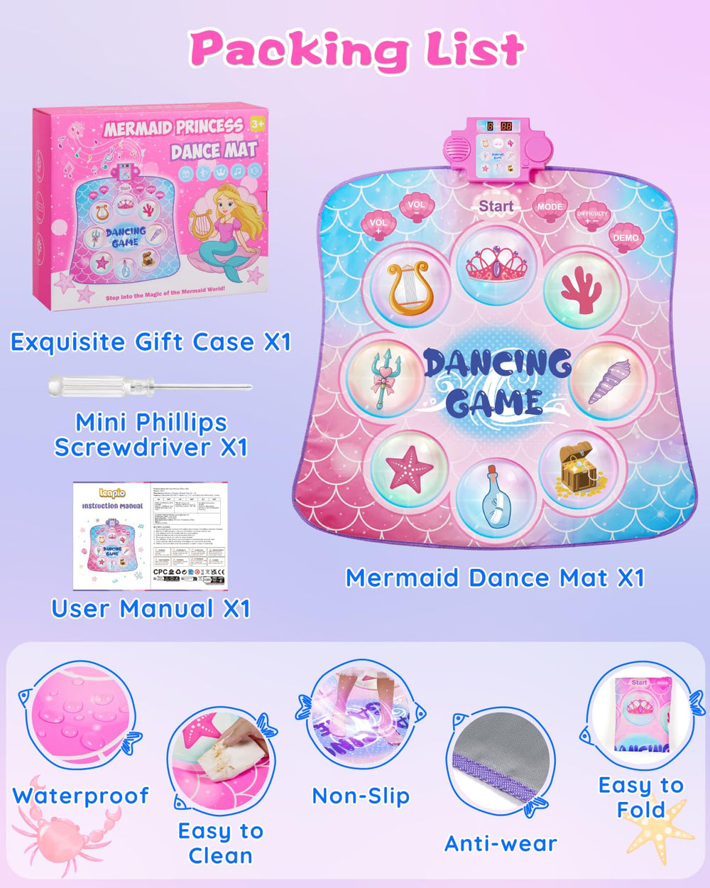 Gleamkid Mermaid Dance Mat ready-to-play with built-in speakers for rhythmic fun