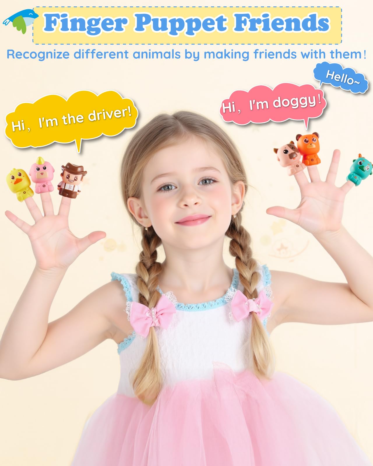 Gleamkid train set-animal-figures-inside six friendly puppets for storytelling.